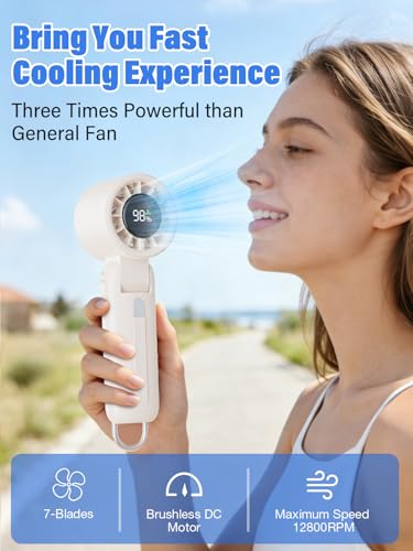 AI Handheld Fan Turbo, 100-Speed Portable Fan Rechargeable, Mini Fan with 12800 RPM Strong Airflow, Foldable 4-in-1 Personal Fan for Travel, Camping, Beach & Office, USB-C & Lightweight & Quiet - color: Beige
