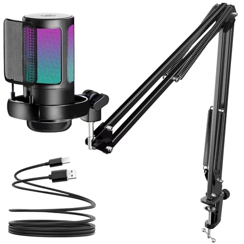 KingSom Gaming USB Microphone,Noise-Canceling Condenser Mic with Boom Arm | Podcast Microphones RGB Computer Mic,Streaming Microphone with Pop Filter, Mute Button,Gain for Recording,Discord,YouTube