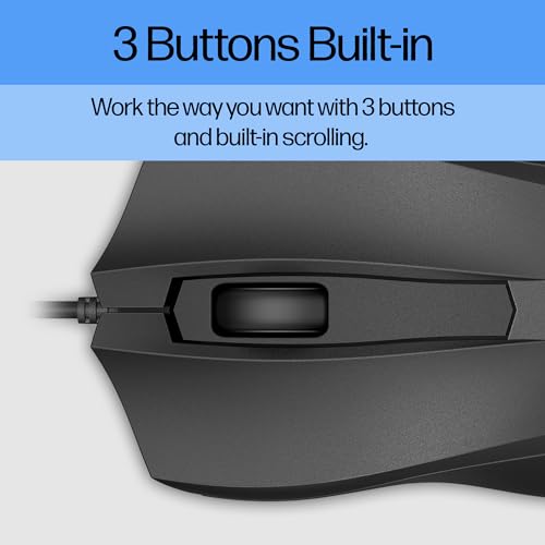 HP Wired Mouse 100 - Precise Optical Sensor with 1600 DPI - Easy USB Connection - Ambidextrous Design - 3 Button Control & Built-in Scrolling - Multi-OS Compatible (6VY96AA#ABL) - style: New