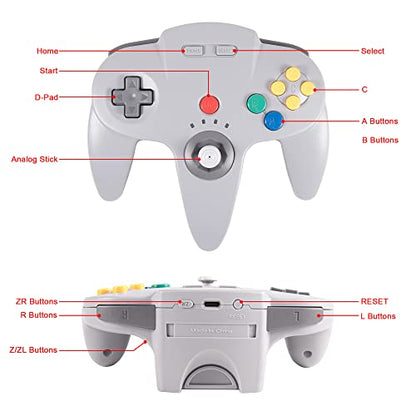 KIWITATA Classic Wireless N64 Controller, 2.4GHZ Retro N64 Wireless Remote Joystick Controller Gamepad Compatible with N64 System Video Game Console Gray - color: Grey