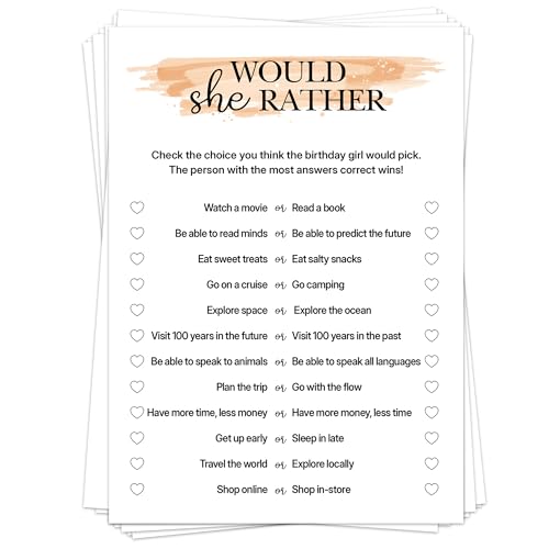 Birthday Party Games for Adults, 25 Card Interactive Group Game Set for Milestone Celebrations - A03 - color: Would She Rather