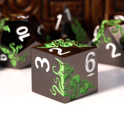 Octopus Metal RPG Dice Set,7-Piece,Inspired by Cthulhu Mythos,Abyss Green on Black,Heavy Zinc Alloy Dice for Fantasy RPGs & Collectors (Black Green) - color: Black Green