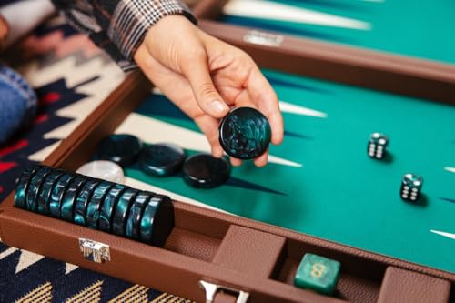 Pointworks 19 Inch Premium Backgammon Sets for Adults Leather Brown - Green. Premium 1.6 Inch Checkers & Dice Set, Travel Backgammon Set, Large, Backgammon Board Game, Backgammon Game Set - color: Brown Case - Green Field