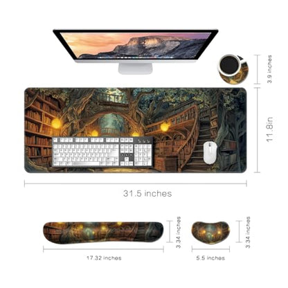 Desk Mat, Large Gaming Mouse Pad with Wrist Rest, 4 in1 XXL Mouse pad+Keyboard Wrist Rest+Mouse Pad Wrist Support+Cup Coaster Set, Ergonomic Desk Pad for Home Office, Trees Library - color: Trees Library