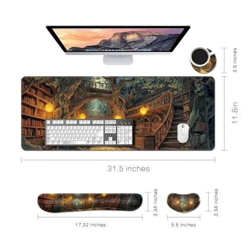 Desk Mat, Large Gaming Mouse Pad with Wrist Rest, 4 in1 XXL Mouse pad+Keyboard Wrist Rest+Mouse Pad Wrist Support+Cup Coaster Set, Ergonomic Desk Pad for Home Office, Trees Library - color: Trees Library