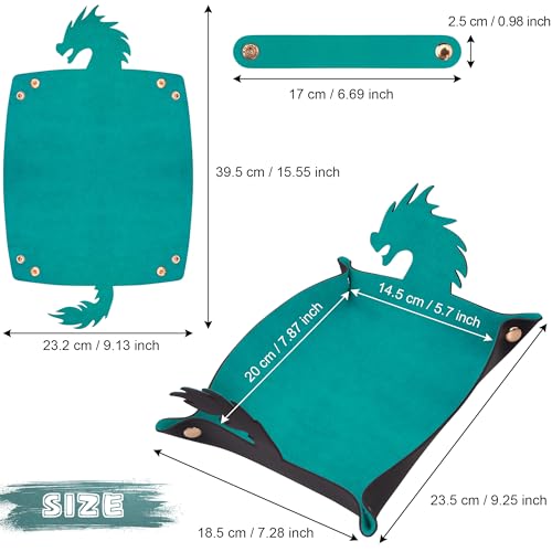 SIQUK 2 Pieces Dragon Dice Rolling Tray PU Leather Dice Mat Folding Scroll Dices Holder for D&D RPG Games (Cyan, Black) - color: Cyan, Black