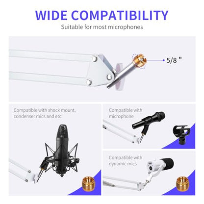 FEELWORLD AMS1 Microphone Boom Arm, Adjustable Mic Arm Stand with 3/8” to 5/8” Screw, Compatible with PM1 and other Mics for Podcast Straming Gaming Studio (White) - color: White