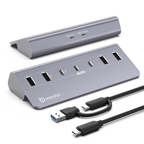 USB C Hub,Powered USB Hub with 5V 3A Power Adapter, 10Gbps USB Splitter with 4 USB-A and 3 USB-C Ports, 7-Port Type C Multiport Adapter for MacBook Air/Pro, iPhone 16/15, Laptop and More - color: Gery