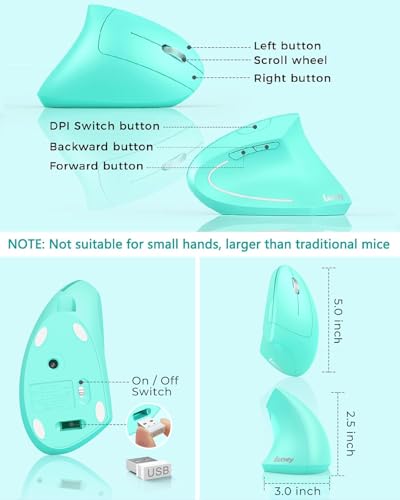 Lekvey Ergonomic Mouse, Vertical Wireless Mouse Rechargeable 2.4 GHz Optical Carpal Tunnel Mouse : 800/1200 / 1600 DPI, 6 Buttons, for Laptop, PC, Mac, Computer, Desktop, Notebook etc, Green - color: Green