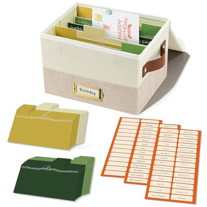 Vienrose Greeting Card Organizer Box, Foldable Storage Box with 20 Removable Dividers and 84 Self-Adhesive Labels, Card Box for Greeting Cards Photos Envelopes Stickers Postcards, Beige & Khaki - color: Beige & Khaki