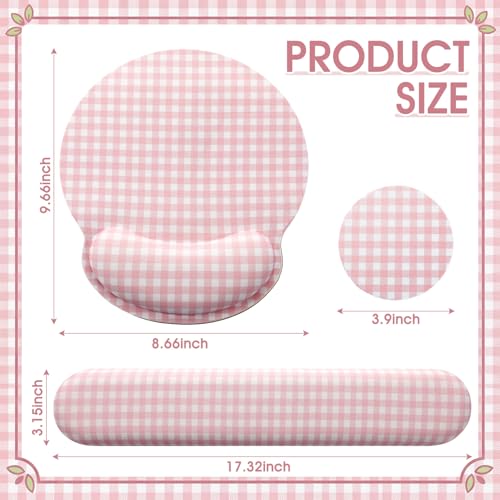 Tellegloww Wrist Rest Support for Mouse Pad&Keyboard Set, Pink Gingham Checkered Circle Curved Ergonomic Mousepad&Coaster Non-Slip Base Design for Office Home Laptop Desktop Computer Keyboard - color: Pink