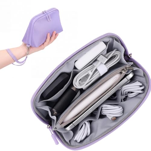 FYY Travel Cable Organizer - 8 Compartments, Lightweight, Water Repellent | With Wrist Strap, Portable Tech Pouch for Cord Charger, Travel and Business Trips Use, Soft Shell Nylon, Purple (Small) - color: Purple, size: (S) 8.1"× 4.7"× 2.9"
