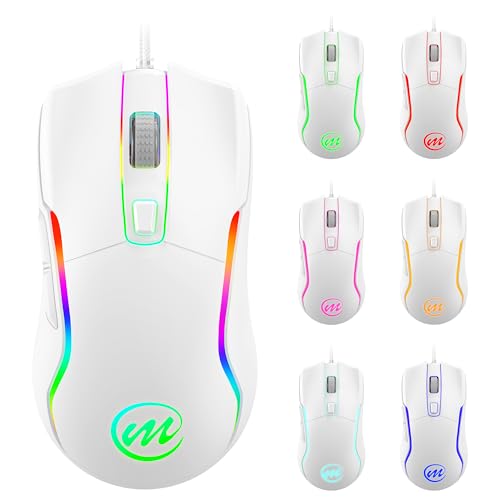 memzuoix Wired Gaming Mouse with RGB - 6 Adjustable DPI up to 12800, 6 Buttons, 12 Lighting Modes, Ergonomic Design with Anti-Slip Rubber Wheel, 5.6ft Braided Cable for PC/Mac/Windows - White - color: White