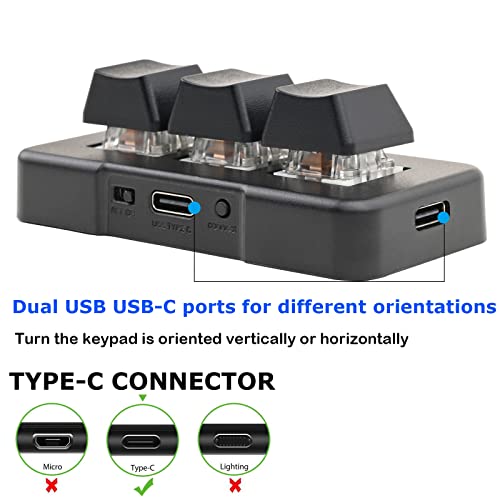 iKKEGOL Mini USB Type C Wired 3 Key Mechanical Keypad 9 Keys Fully Progammable Macro Gaming Keyboard,One- Handed Control RGB Light HID Pad (Black)