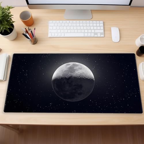 Black Moon Desk Mat, Astronomy XXL Large Gaming Mouse Pad 31.5x15.7 in | Aesthetic astronomy galaxy desk pad with 3mm dense cushion, smooth cloth top, and non-slip rubber base. - color: Moon