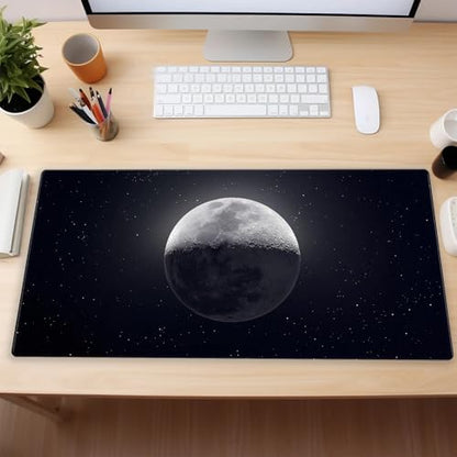 Black Moon Desk Mat, Astronomy XXL Large Gaming Mouse Pad 31.5x15.7 in | Aesthetic astronomy galaxy desk pad with 3mm dense cushion, smooth cloth top, and non-slip rubber base. - color: Moon
