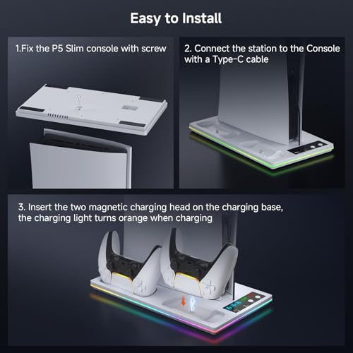 PS5/Slim/Pro Stand and Cooling Station with LED Controller Charging Station for PlayStation 5 Console,Accessories Incl.Controller Charger, PS5 Cooling Fan,USB Hub - color: Line RGB-White