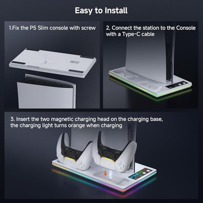PS5/Slim/Pro Stand and Cooling Station with LED Controller Charging Station for PlayStation 5 Console,Accessories Incl.Controller Charger, PS5 Cooling Fan,USB Hub - color: Line RGB-White