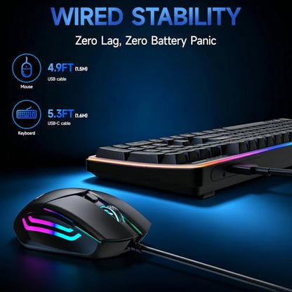 Wired RGB Keyboard and Mouse Combo, Rainbow Backlit, 104-Key Full-Size with Numpad, 6400 DPI Ergonomic High-Precision Mouse, USB Plug & Play, for PC Laptop Mac Office Gaming (Black)