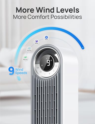 DREO Tower Fan for Bedroom, Upgraded DC 28ft/s Velocity, 20dB Quiet Fan | 9 Speeds Standing Fan, 90° Oscillating Cooling Fan, 4 Modes, 12H Timer, Bladeless Fan Powerful for Home, White - color: White