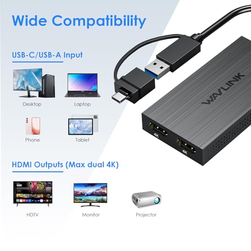WAVLINK USB 3.0 or USB C to Dual HDMI 4K@60hz Splitter Extended Display for Dual Monitor, Displaylink Adapter Two HDMI 4K 60Hz for Apple Mac M1-M5/Macbook Neo or Windows 10/11,Driver Required