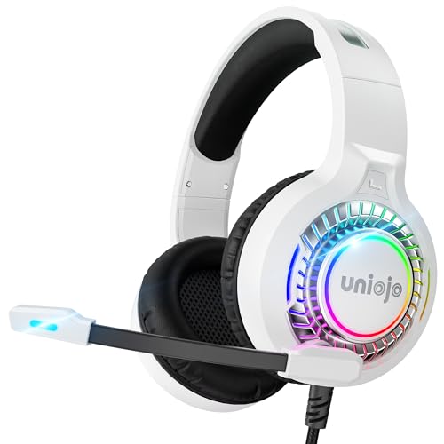 White Gaming Headset for PS5, PS4, PC, Xbox Headset with Noise-Canceling, 7.1 Surround Sound, RGB Light, Memory Foam Ear Pads, Wired Over-Ear Headphones for Xbox Series X/S, Switch