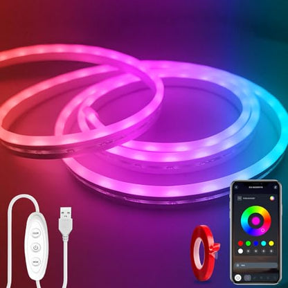LED Neon Light 6.6ft，5V USB Powered LED Strip Light P65 Waterproof | Color Changing Rope Light with APP Control，RGB Rope Lights for Bedroom，Cabinet,Kitchen, DIY Lighting(with Adhesive Backing) - size: 6.6FT