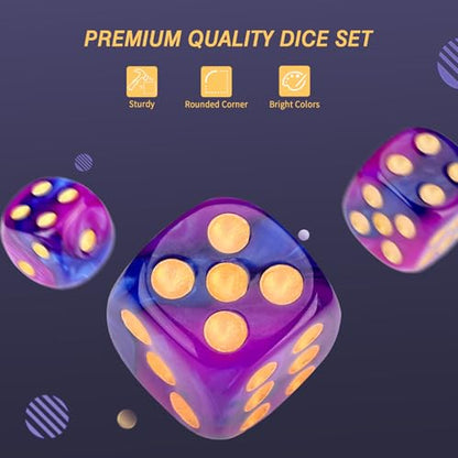 24 of Pack 16MM 6 Sided Dice Set,Two Colours D6 Game Dice Set, 6 Sided Standard Dices for Yahtzee, Bunco or Teaching Math,with Portable Dice Pouch(Purple and Blue) - color: 16mm Purple and Blue