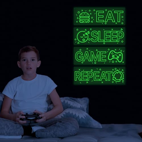 4 Pcs Glow in The Dark Neon Game Wall Stickers, Boys Gamer Room Wall Decals, EAT Sleep Game Repeat Gaming Wall Art Sticker, Kids Bedroom PlayRoom Nursery Party Decoration (Green) - color: Luminescent-043wscp-green