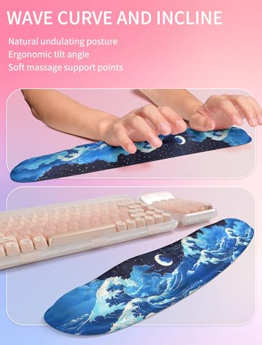 Hokafenle 2in1 Combination, Wave Keyboard Wrist Rest and Ergonomic Curvature Mouse Pad Wrist Support for Relieve Wrist Pain, Filled with Soft Cushion Memory Foam, Crescent Waves - color: Crescent Waves