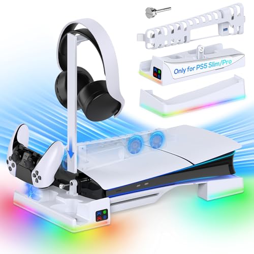 RGB Horizontal Cooling Station Stand for PS5 Slim/Pro Console | 2 Controller Charger, Auto Silent Cooling Fan, 14 Light Modes, Headset Holder, Disc & Digital Compatible