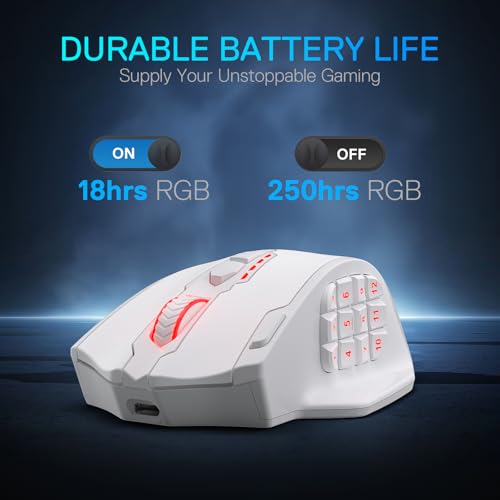 Redragon M913 MAX Wireless MMO Gaming Mouse 26000 DPI Remapping Keys | Cable-Free 0 Delay, Dedicated for FPS Gamers, Redefine Keybinding Macro, Vibing Backlight, Ergonomic Grip Body Comfort - color: White, style: Wireless M913 Max