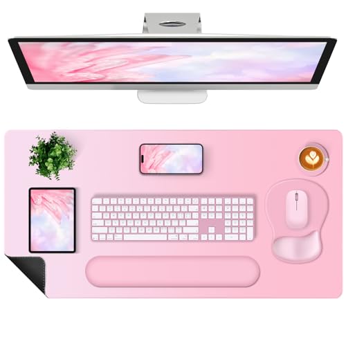 4-in-1 Large Gaming Mouse Pad, Keyboard Wrist Rest Pad & Wrist Support Mousepad Set, Extended Desk Pad Waterproof Desk Mat for Girl Women Home Office Decor Study Game 35.4×15.7 Inches I Soft Pink - color: Soft Pink