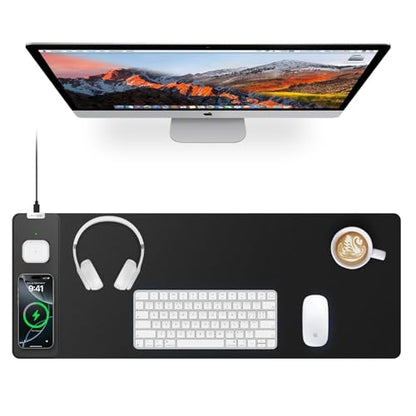 Magnetic Wireless Charging Mouse Pad, 27.5"x11.8" in, Black | Gaming Desk Mat with Superior Stitched Edges, Non-Slip Base, Waterproof Smooth Desk Writing Pad for Gamer, Office & Home - color: Black-27.5"x11.8"