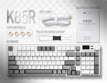 iRocks K85R Wireless RGB Backlit Mechanical Gaming Keyboard with LCD Display, Hot-Swappable Pre-lubed Brown Switches, 98 PBT Keys, USB-C Detachable Cable (ICY White, Bubble Switch) - color: Icy White