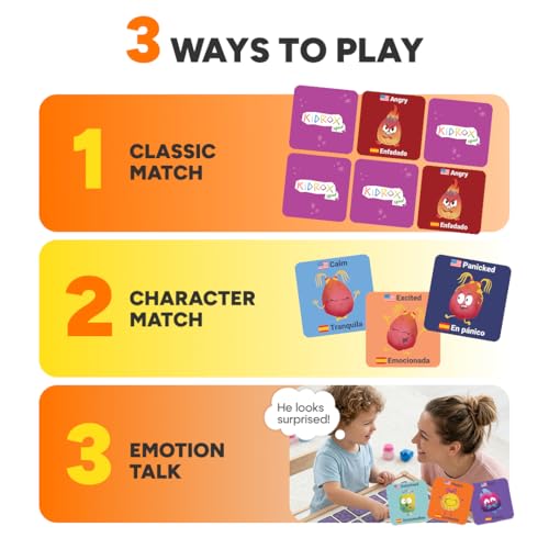 Kidrox Emotions Matching Game – Bilingual Memory Card Game in English & Spanish for Kids Ages 3+ | Learn & Mimic Emotions with Kidrox Squad | Premium Magnetic Box | 40 Tiles - style: Emotions