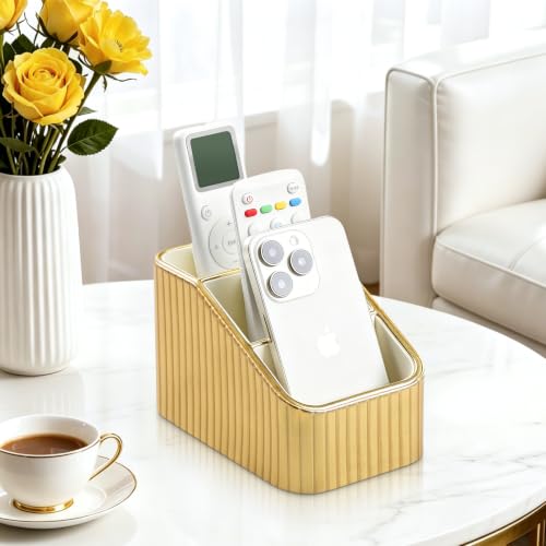 Remote Control Holder, PU Leather Nightstand Organizer Bedside Caddy with 3 Compartments, Small Desk Organizer for Remote/Pen/Glasses/Phone (Gold) - color: Gold