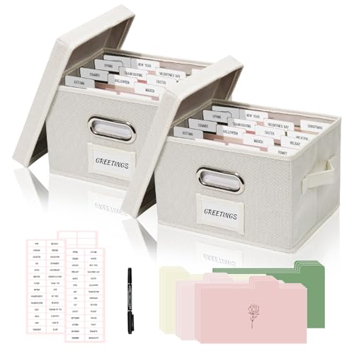 Photo Keeper Box Set of 2, 10x7.8 in Linen Ivory | 2 storage boxes w 32 dividers, 168 labels & 2 pens, keeps greeting cards envelopes organized, sturdy gift - color: Ivory, size: 2 Pack