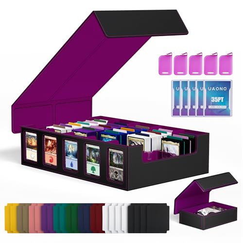 UAONO 5-Row Trading Card Storage Box with Commander Display, Black Purple | 3900+ Card Box with Removable Cover, Card Case Fits MTG TCG Sports Cards, 48 Dividers, 5 Stoppers, 5 Top Loaders, Dice Box - color: Black&Purple, size: 5 row