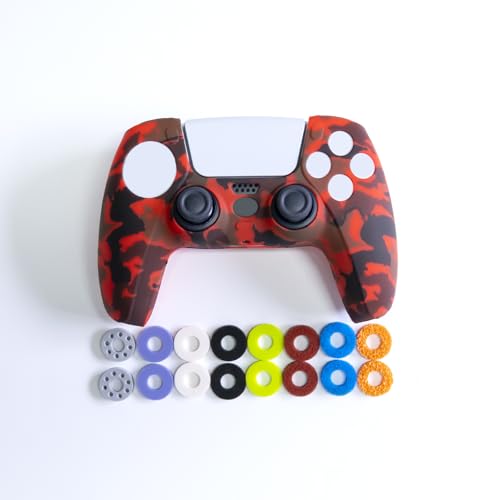 Silicone Case for PS5 Controller with 16Pcs Precision Rings, 3 Resistance Levels Aim Assist Motion Control Rings, Anti-Slip Protective Skin for DualSense Wireless Controller - Red Camo - color: Red