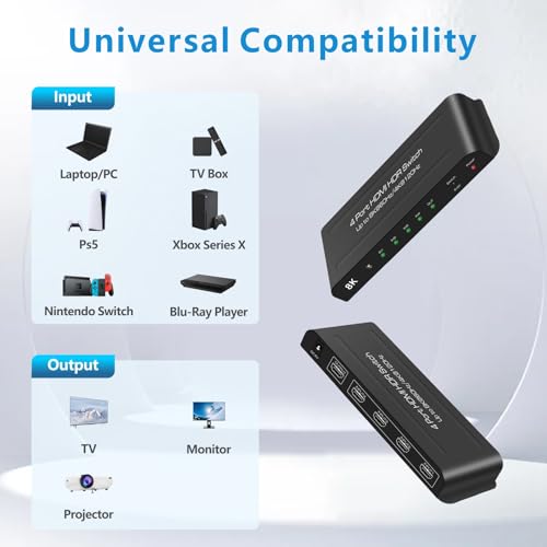 8K HDMI Switch 4 in 1 Out 4K@120Hz HDMI Switcher Support HDR10+, Dolby Vision, Dolby Atmos, VRR, ALLM, CEC