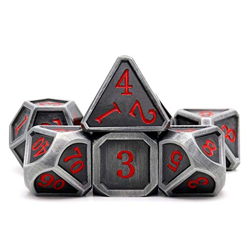 Haxtec Ancient Silver Metal DND Dice Set D&D 7PCS Large Rounded Antiue Iron RPG Dice Red Numbers for Dungeons and Dragons TTRPG Game Gifts',Standard size - color: Silver