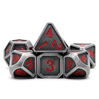Haxtec Ancient Silver Metal DND Dice Set D&D 7PCS Large Rounded Antiue Iron RPG Dice Red Numbers for Dungeons and Dragons TTRPG Game Gifts',Standard size | Red Numbers D&D with Leather Bag, Compatible with Dungeons and Dragons, Antique Iron Heavy Metallic