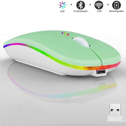 Guiheng Wireless Bluetooth Mouse,LED Dual Mode Rechargeable Silent Slim Laptop Mouse,Portable(BT5.2+USB Receiver) Dual Mode Computer Mice,for Laptop,Desktop Computer,ipad Tablet,Phone,TV (Green) - color: green