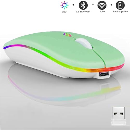 Guiheng Wireless Bluetooth Mouse,LED Dual Mode Rechargeable Silent Slim Laptop Mouse,Portable(BT5.2+USB Receiver) Dual Mode Computer Mice,for Laptop,Desktop Computer,ipad Tablet,Phone,TV (Green) - color: green