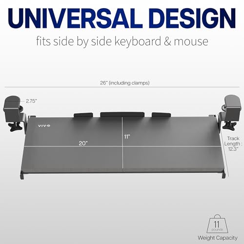 VIVO Small Keyboard Tray, Under Desk Pull Out with Extra Sturdy C Clamp Mount System, 20 Inches (26 Inches Including The Clamps) x 11 Inches Slide-Out Platform Computer Drawer for Typing, Black, | Keyboard Tray for Typing, Slide Out Platform, Extra Sturdy