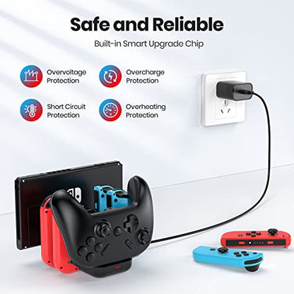 NEWDERY 6-in-1 Charger Dock for Nintendo Switch Pro Controller and Joy con | Fast Charging Dock with LED Indicators, Compatible with Nintendo Switch / OLED / Lite, Includes USB-C Charging Cable