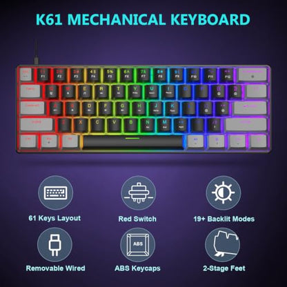 BlueFinger 60% Mechanical Gaming Keyboard and Mouse Combo - RGB Rainbow Backlit 61 Keys Red Switch Keyboard & 4 DPI LED Gaming Mouse, USB Wired Set for PC Laptop Xbox PS4 PS5, White (Gray & Black) - color: Gray & Black