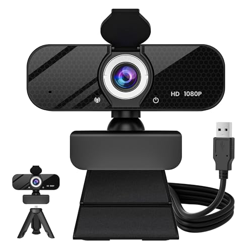 1080P HD Webcam with Built-in Microphone, Rotatable Tripod, Wide-Angle Lens,Privacy Cover, Auto Light Correction, Plug & Play USB-A Webcam for Laptop, Desktop, PC, Streaming-Black-1