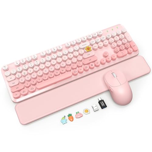Wireless Keyboard and Mouse Combo, Magnetic Soft-Touch Wrist Rest, Pink | Round Keycaps, Full-Size Typewriter Style, 2.4GHz Cordless for MacOS, Windows PC, Laptop, Blush Pink Ombre, SABLUTE CK23 Plus - color: Blush Pink Ombre